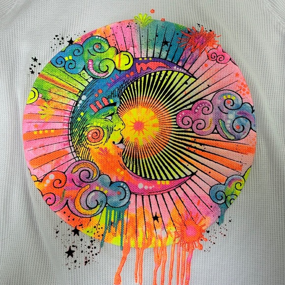 White Zip Up Hoodie Neon Celestial Sun Moon Graphic S lightweight festival - Picture 4 of 5